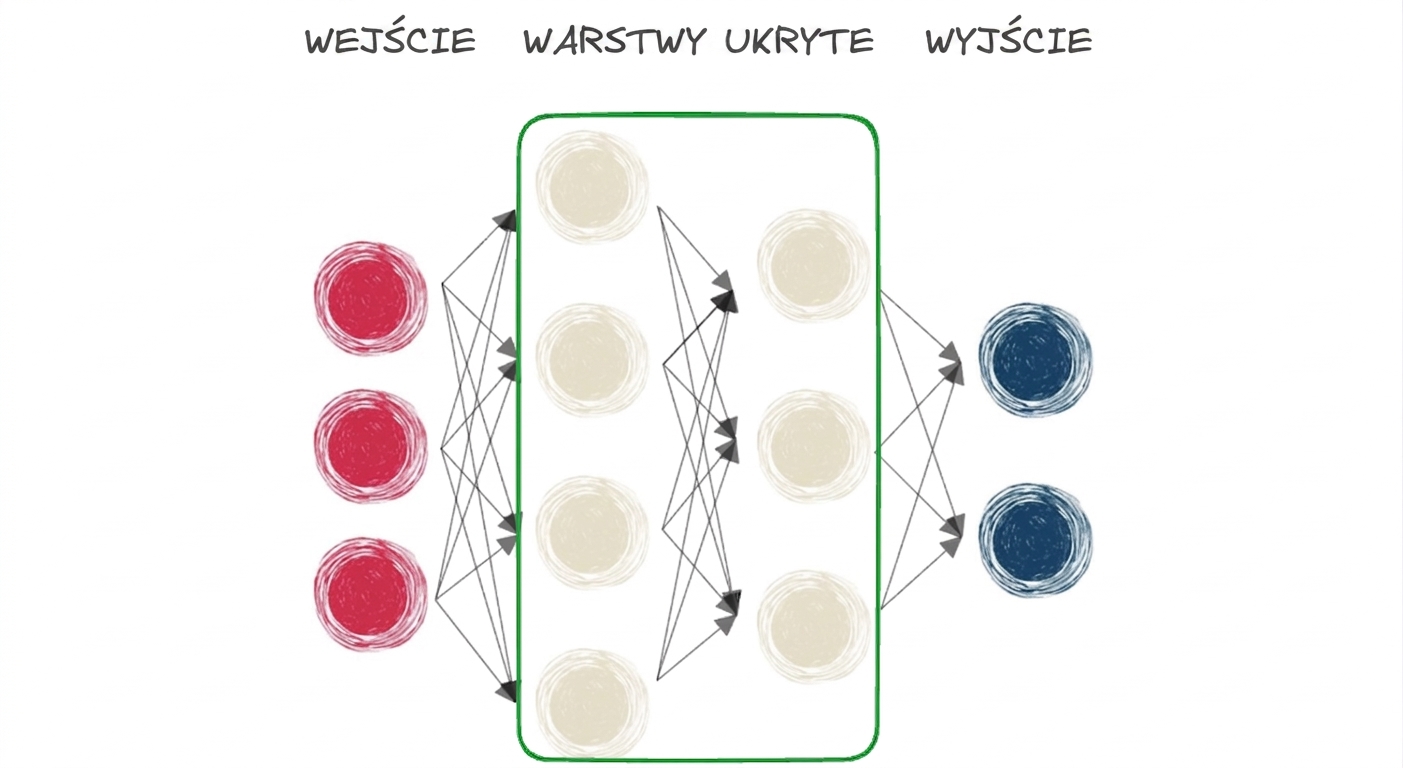Diagram przedstawiający sieć neuronową z warstwą wejściową, ukrytą i wyjściową