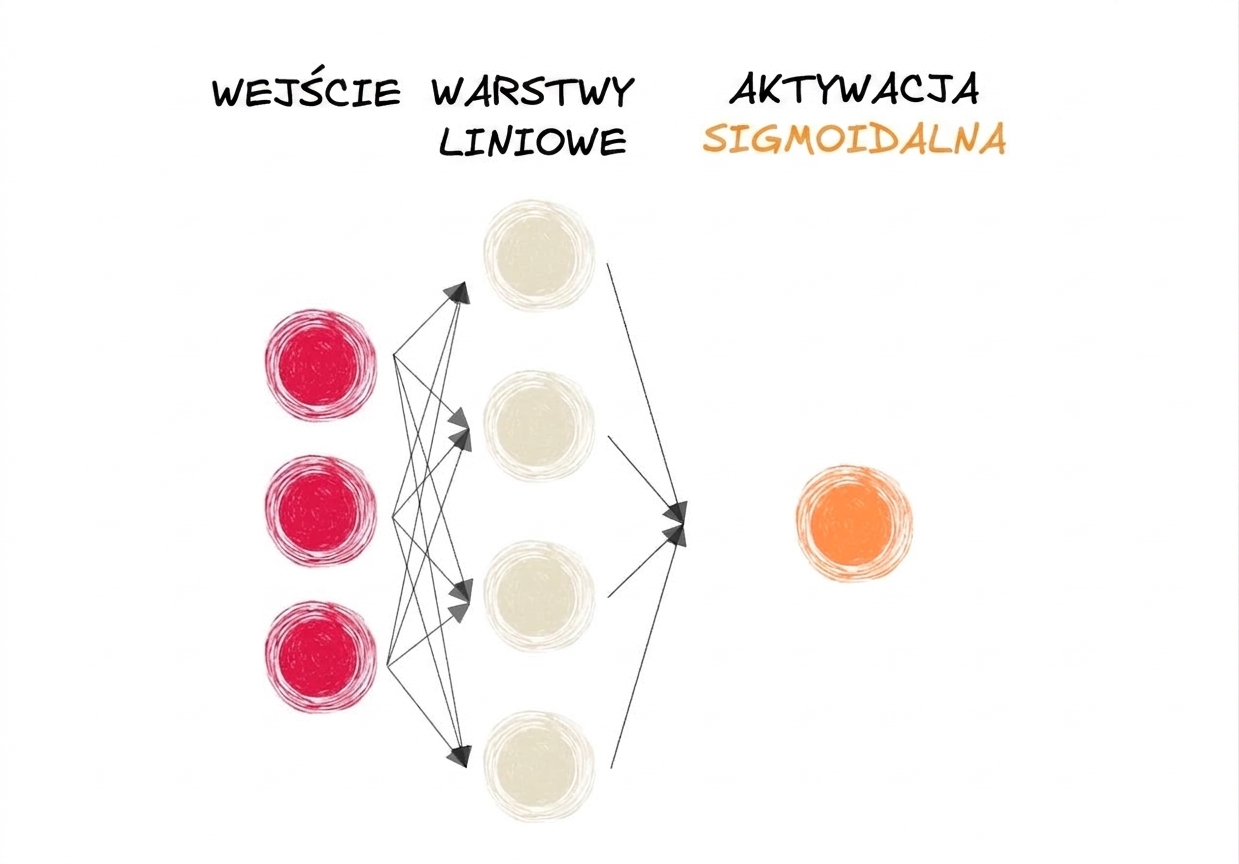 Schemat fragmentu sieci neuronowej z wejściem, warstwami liniowymi i funkcją aktywacji