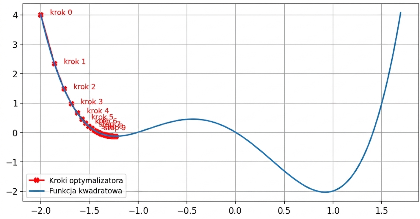przykład optymalizatora utknął w lokalnym minimum