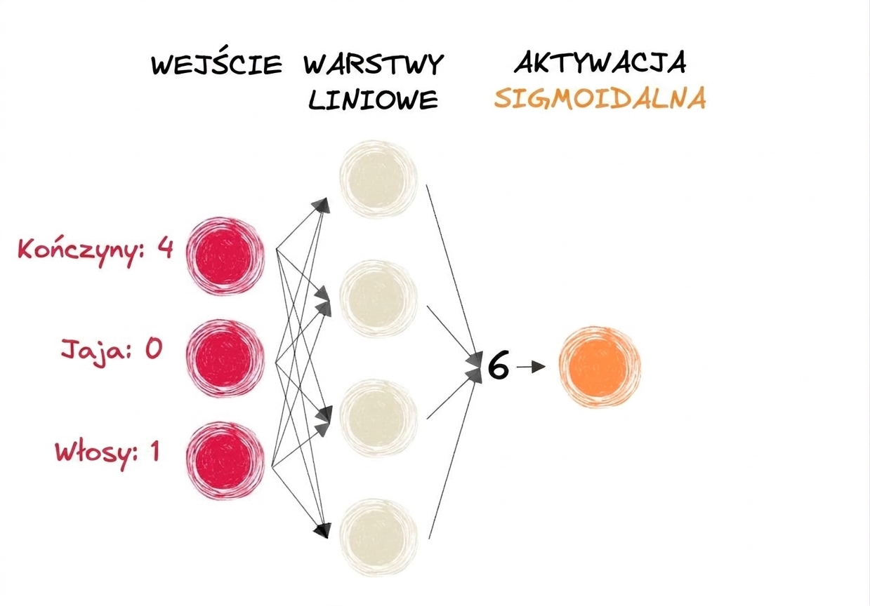 Schemat fragmentu sieci neuronowej z wejściami, liczbą 6 jako wyjściem warstw liniowych i funkcją aktywacji sigmoid