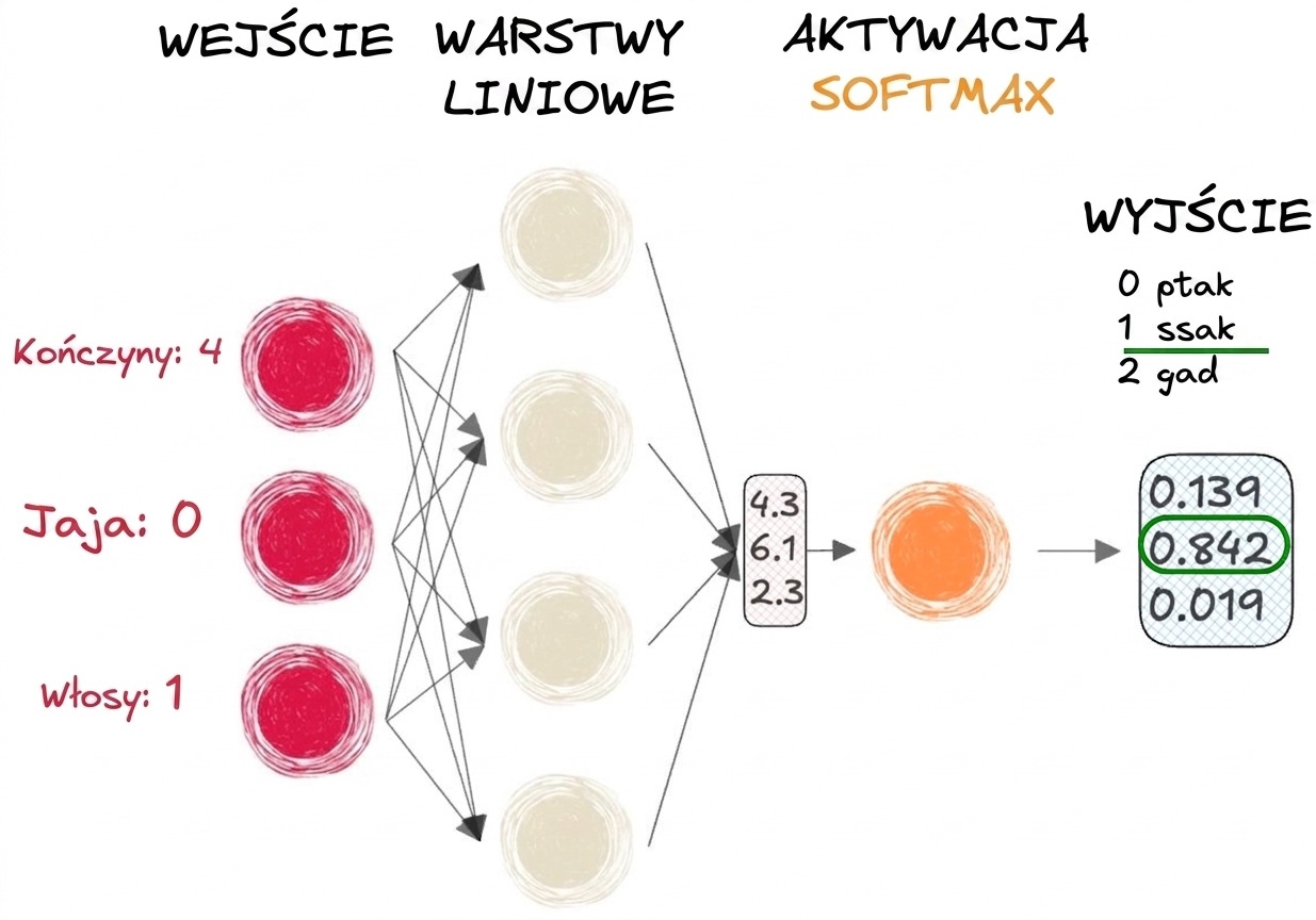 Schemat fragmentu sieci neuronowej z wejściami, wektorem jako wyjściem warstw liniowych, funkcją aktywacji softmax i wyjściem
