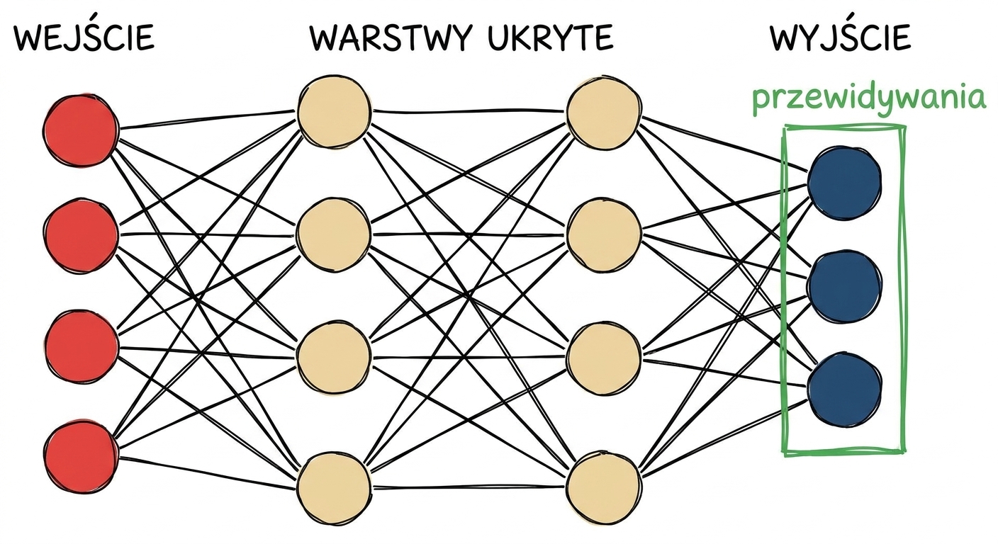 Diagram przedstawiający sieć neuronową z warstwą wejściową, ukrytą i wyjściową