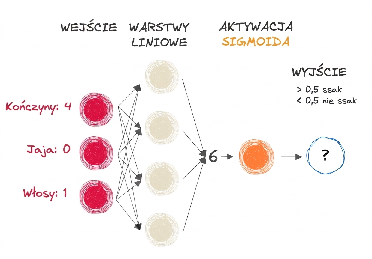 Schemat fragmentu sieci neuronowej z wejściami, liczbą 6 jako wyjściem warstw liniowych, funkcją aktywacji sigmoid i wyjściem