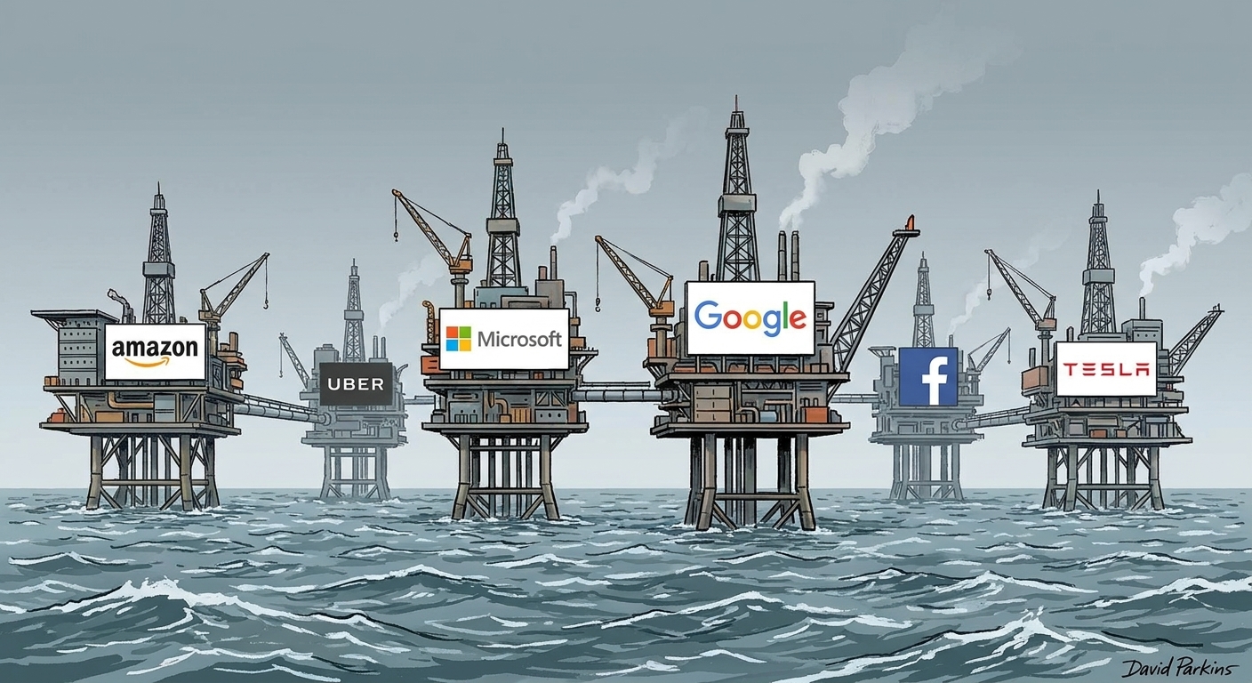 Ilustracja z magazynu Economist o tezie, że dane to nowa ropa – z logotypami firm technologicznych na platformach wiertniczych.