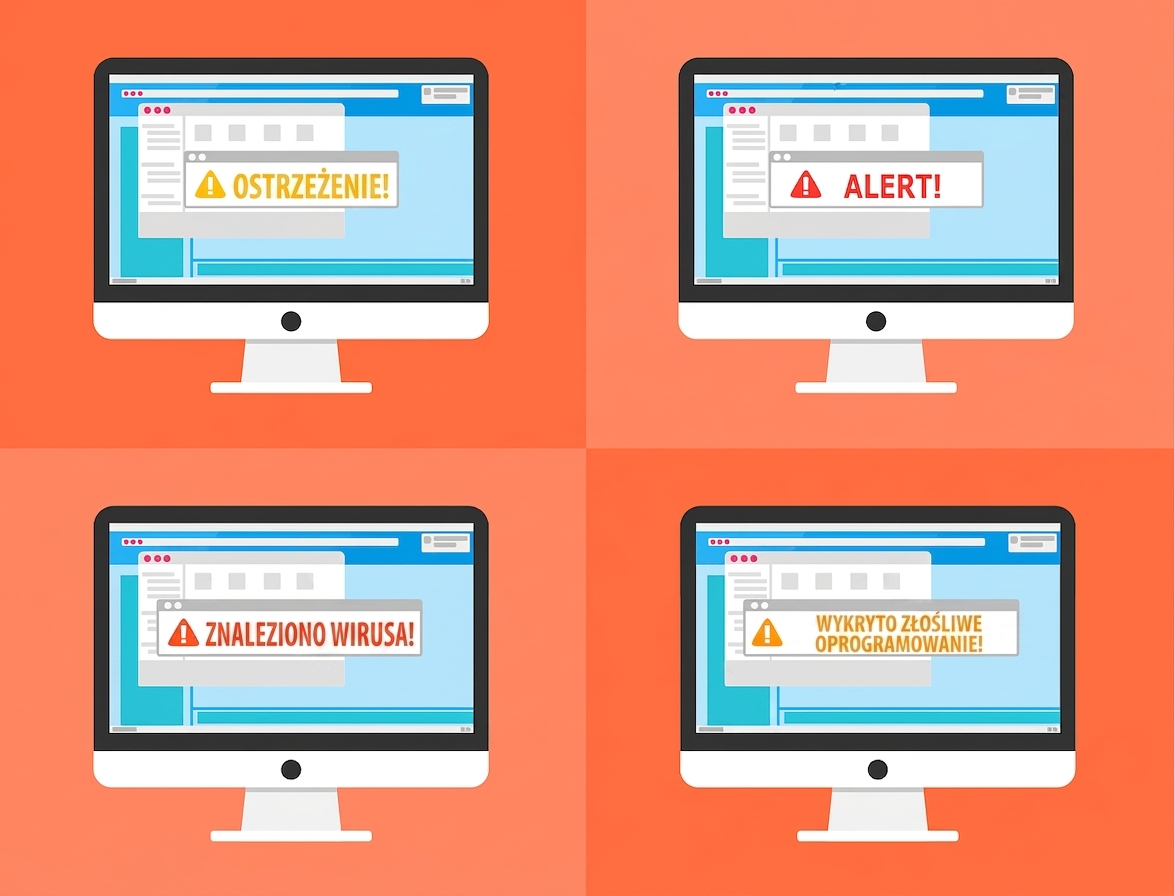 Ilustracja naruszenia bezpieczeństwa: cztery komputery z różnymi sygnałami alarmowymi – ostrzeżenie, alert, wykryty wirus, wykryte złośliwe oprogramowanie.