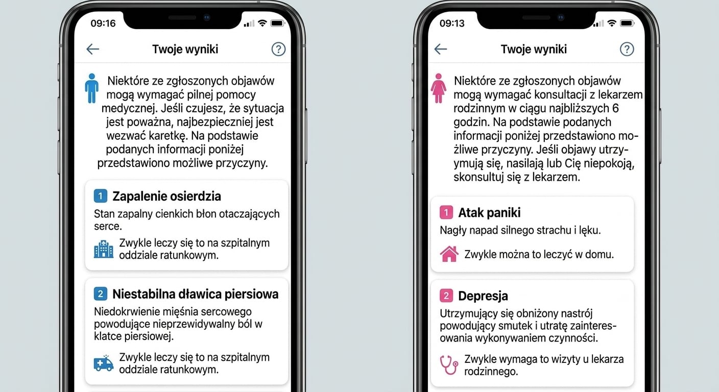 Zrzut ekranu z diagnozy aplikacji zdrowotnej dla objawów zawału serca u mężczyzn i kobiet.