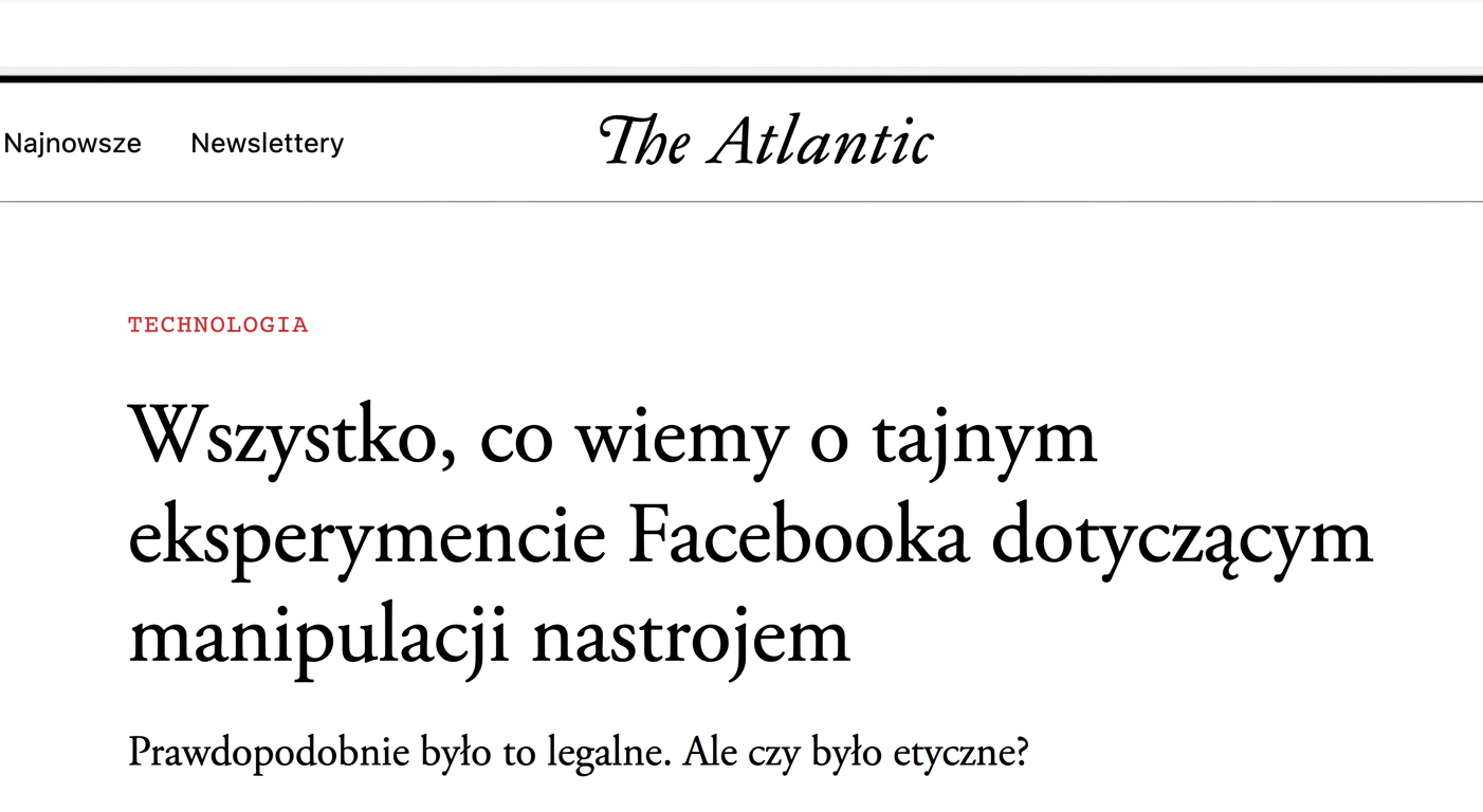 Zrzut ekranu artykułu z The Atlantic na temat manipulacyjnego eksperymentu społecznego Facebooka.