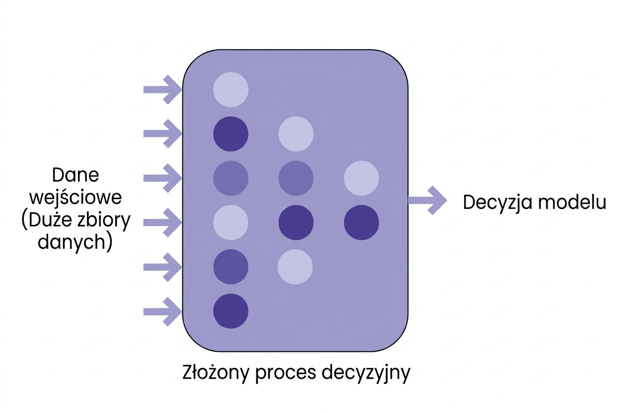 Ilustracja AI z danymi wejściowymi i decyzją modelu.