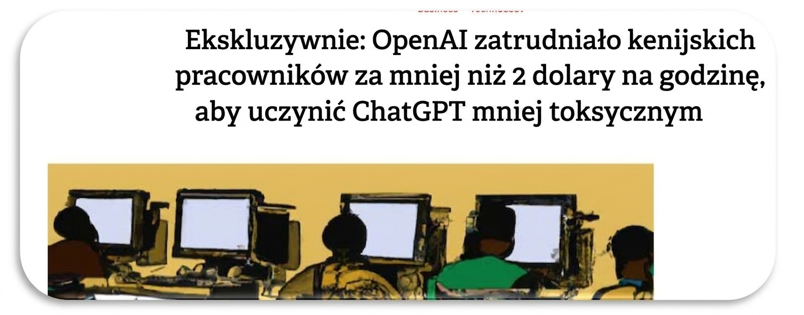 Zrzut ekranu artykułu TIME o wyzysku kenijskich pracowników podczas czyszczenia i etykietowania danych w celu ulepszenia ChatGPT.