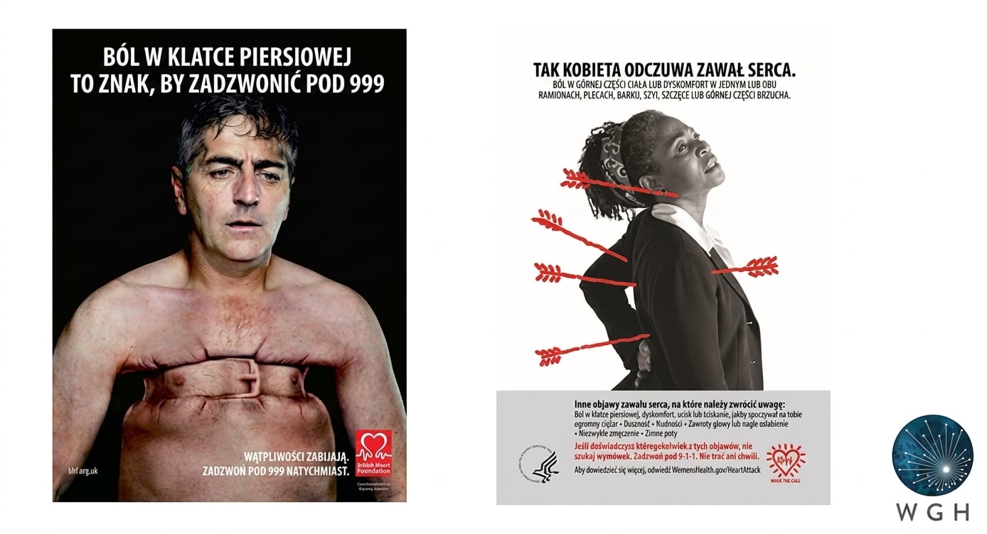 Ilustracja przedstawiająca różne objawy zawału serca u mężczyzny (ucisk w klatce piersiowej) i kobiety (ból pleców).