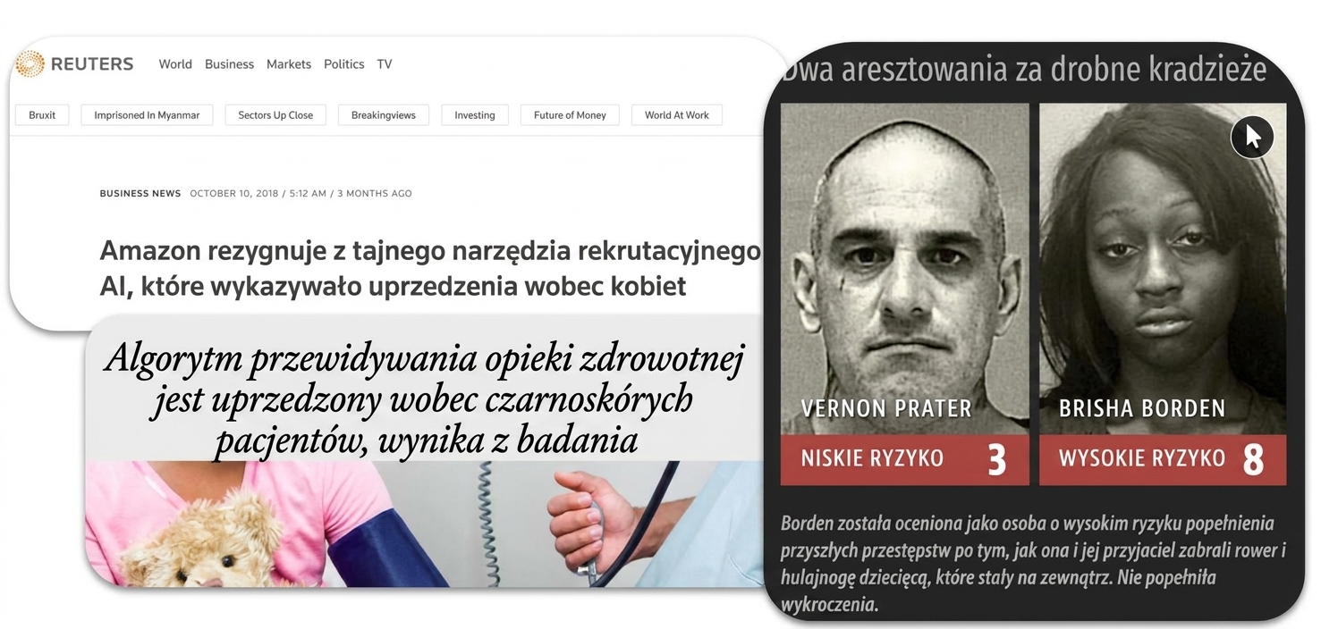 Kolaż zrzutów ekranu artykułów o dyskryminacji przez algorytmy AI