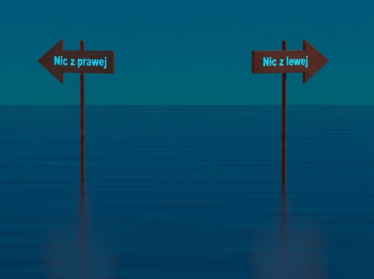 Ilustracja dwóch przeciwstawnych drogowskazów na oceanie, symbolizująca złożoność decyzji etycznych.