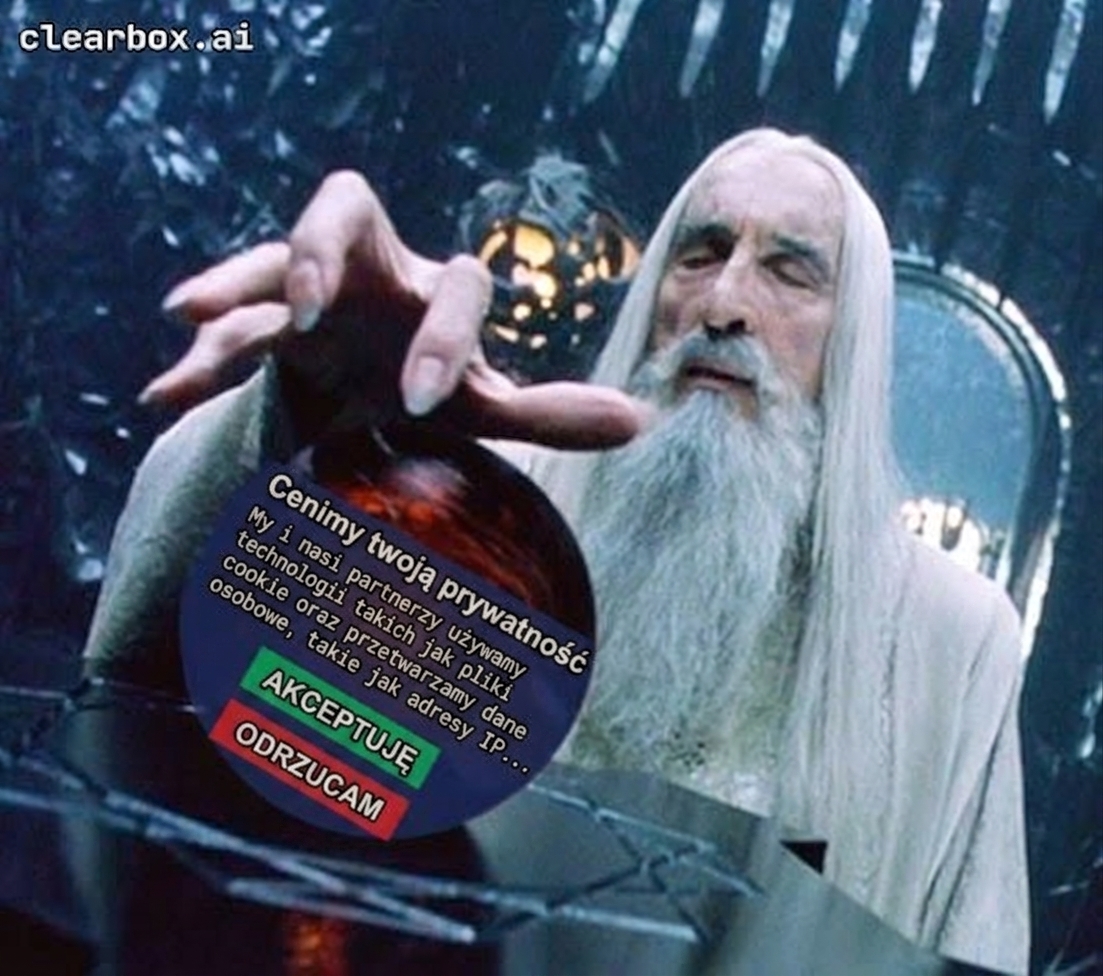 Mem przedstawiający Sarumana próbującego zajrzeć do kryształowej kuli Palantir, zasłoniętej przez prośbę o zgodę.