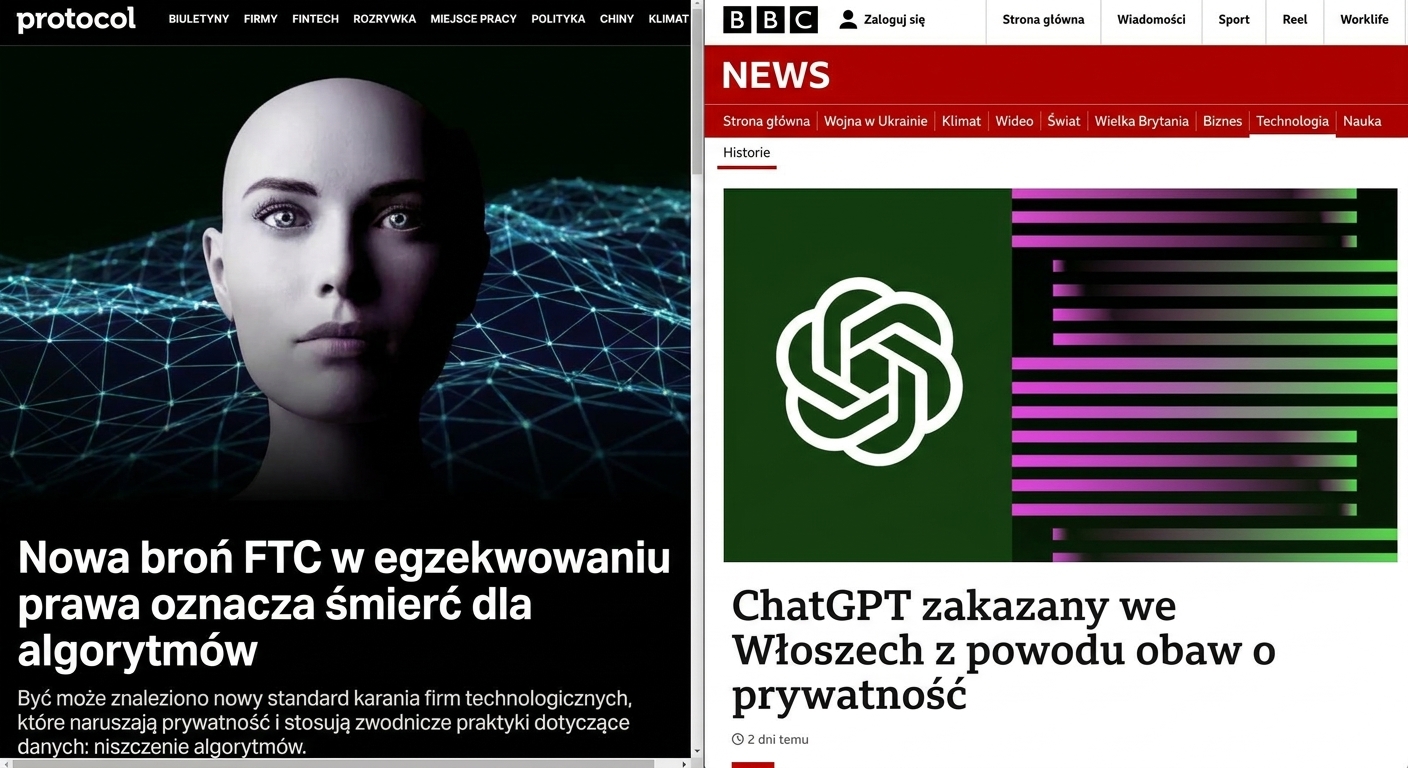 Zrzuty ekranu artykułów informujących o sankcjach FTC i włoskich organów nadzorczych wobec firm za nieostrożne praktyki w zakresie danych.