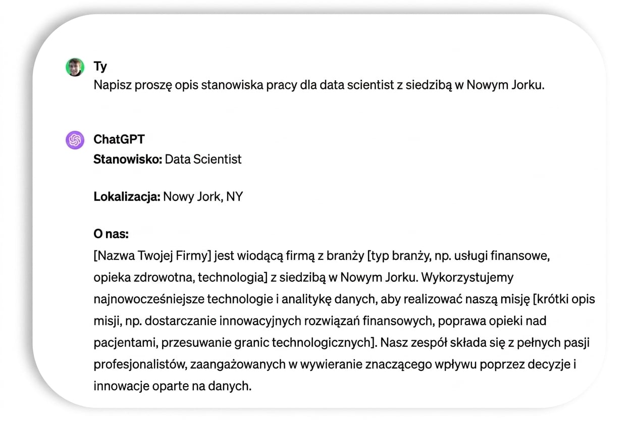 Prompt i odpowiedź z opisem stanowiska data scientist.