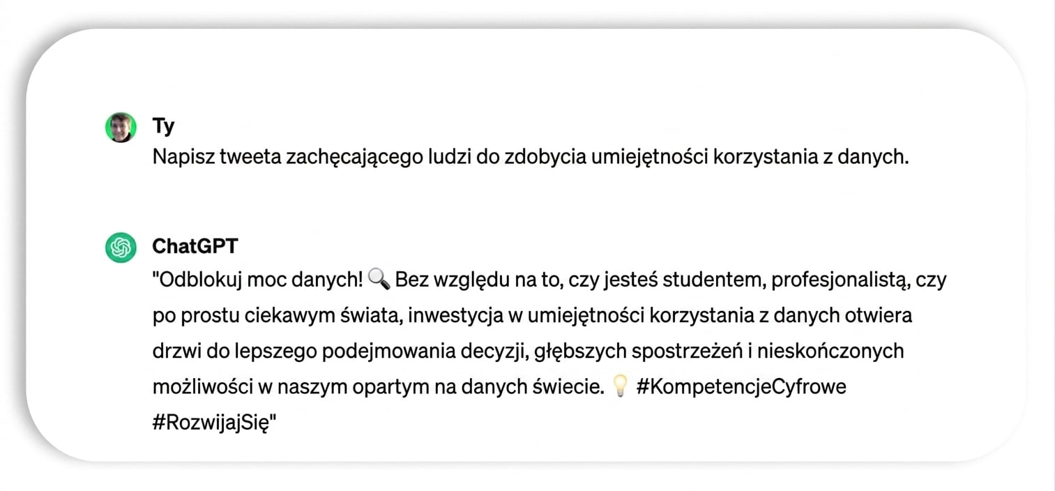 Tweet wygenerowany przez ChatGPT: „ Uwolnij moc danych! Niezależnie od tego, czy jesteś studentem, profesjonalistą, czy po prostu ciekawym świata człowiekiem — rozwijanie kompetencji w zakresie danych otwiera drzwi do lepszego podejmowania decyzji, głębszych spostrzeżeń i nieograniczonych możliwości w naszym świecie napędzanym przez dane. #DataLiteracy #EmpowerYourself"