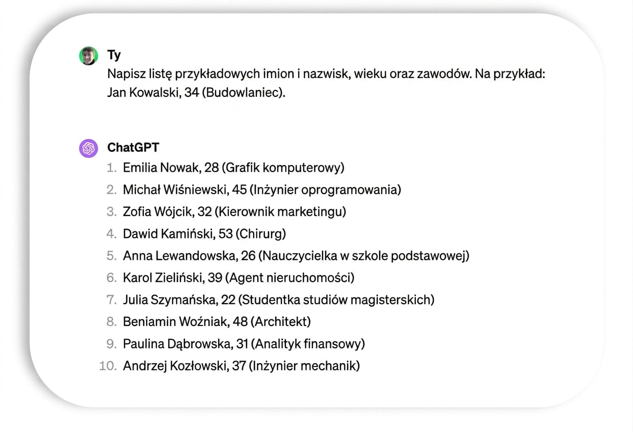 Prompt i odpowiedź z przykładowymi imionami i zawodami.