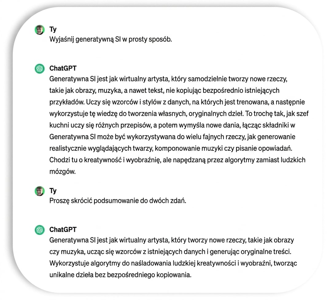 Dwuzdaniowe wyjaśnienie generatywnej AI wygenerowane przez ChatGPT.