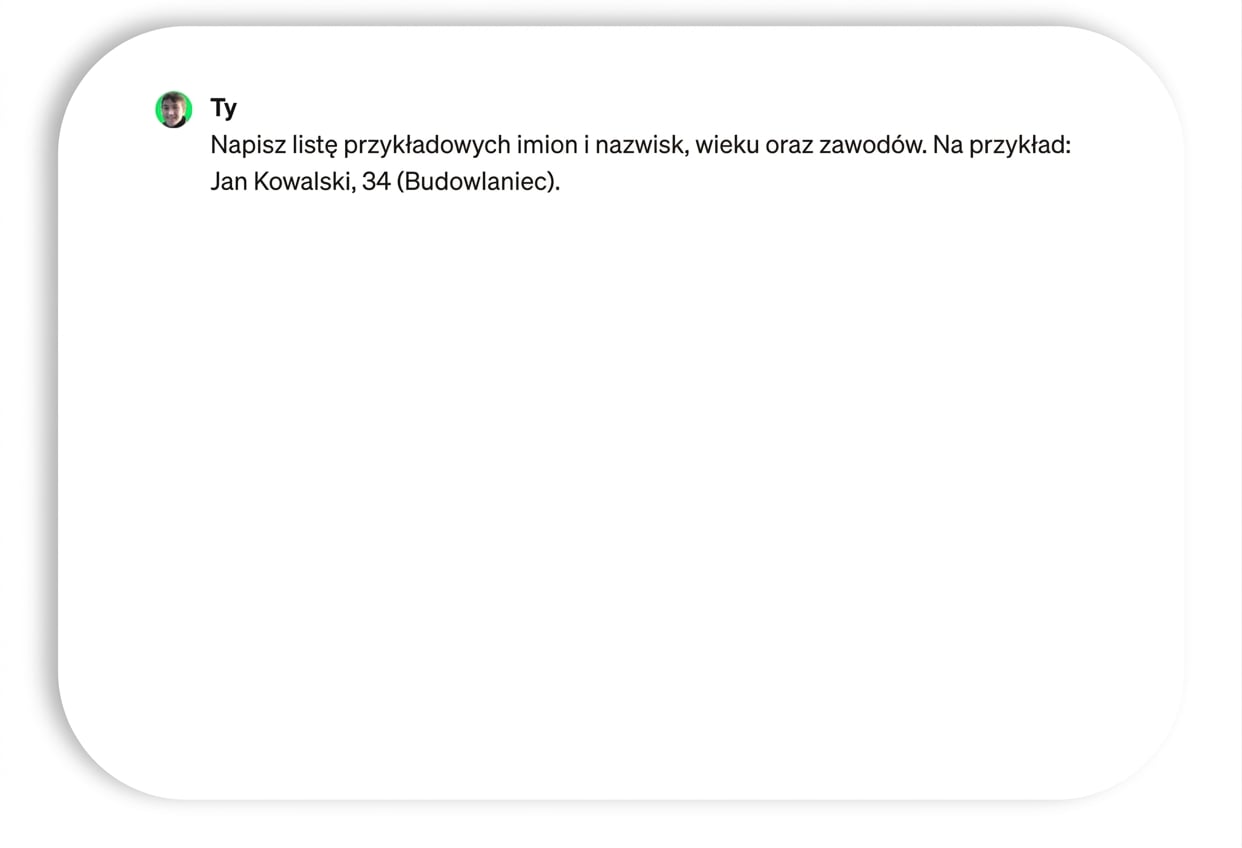 Prompt i odpowiedź z przykładowymi imionami i zawodami.