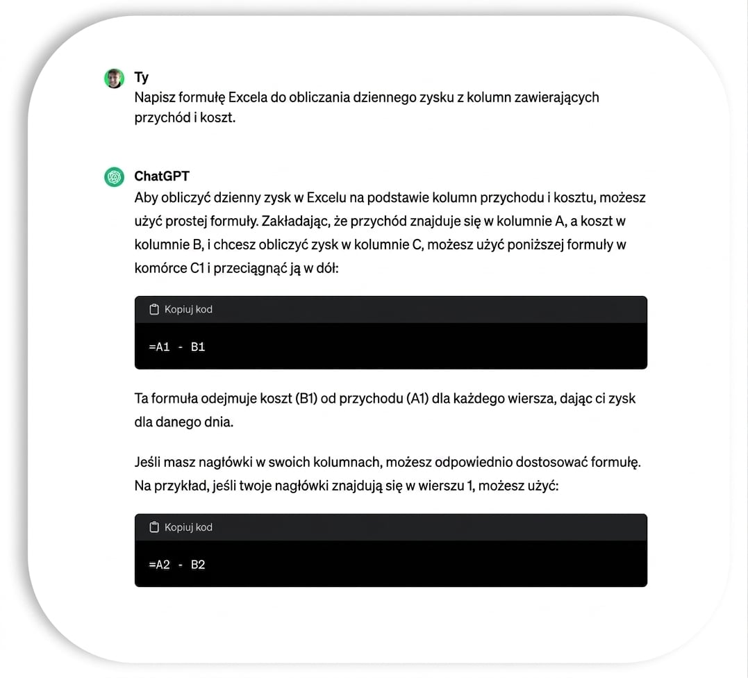 Przykład generowania przez ChatGPT kodu Python do wczytania arkusza kalkulacyjnego Excel.