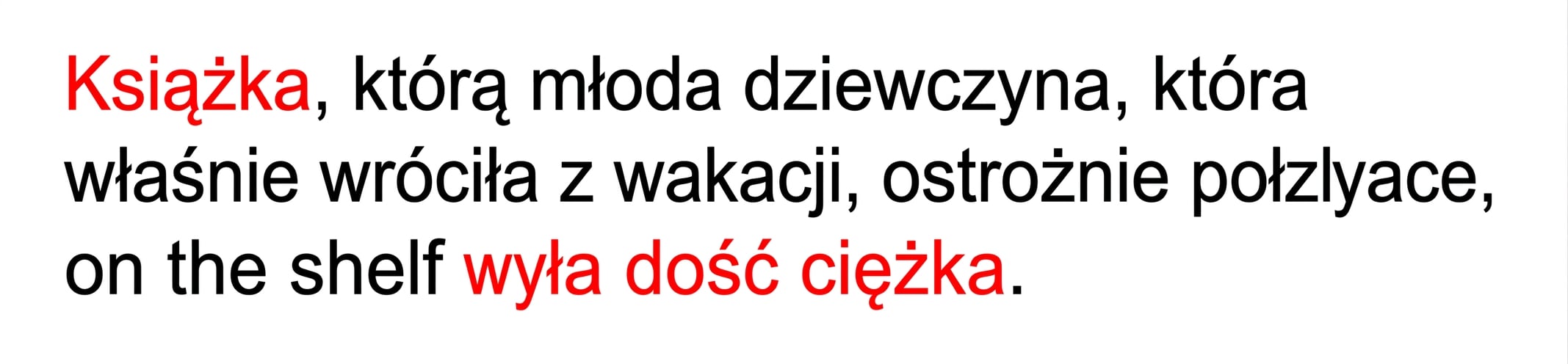 Przykład zależności długiego zasięgu: „Książka, którą młoda dziewczyna, wracając właśnie z wakacji, ostrożnie postawiła na półce, była dość ciężka."