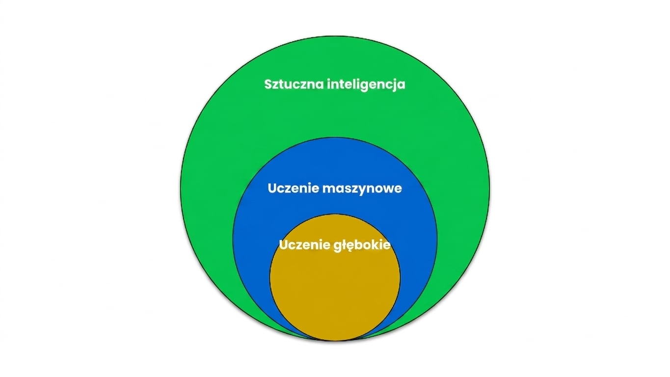 Diagram Venna pokazujący, że uczenie maszynowe jest podzbiorem AI, a głębokie uczenie podzbiorem uczenia maszynowego.