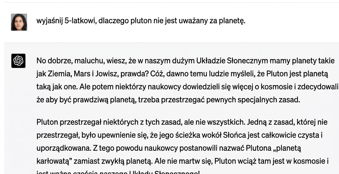 Przykładowy czat wyjaśniający pięciolatkowi, dlaczego Pluton nie należy do Układu Słonecznego.