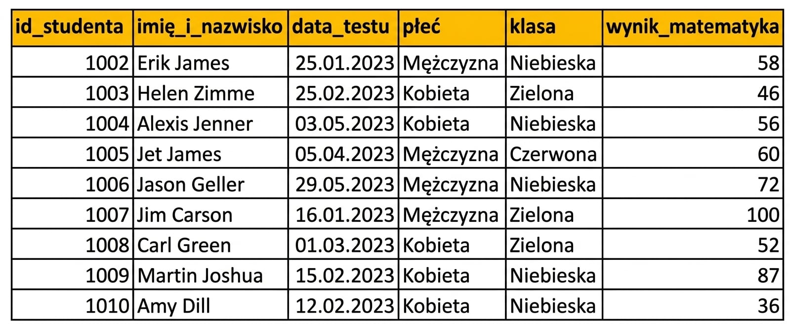 Przykład ręcznie wprowadzonej tabeli danych w programie Excel z nagłówkami