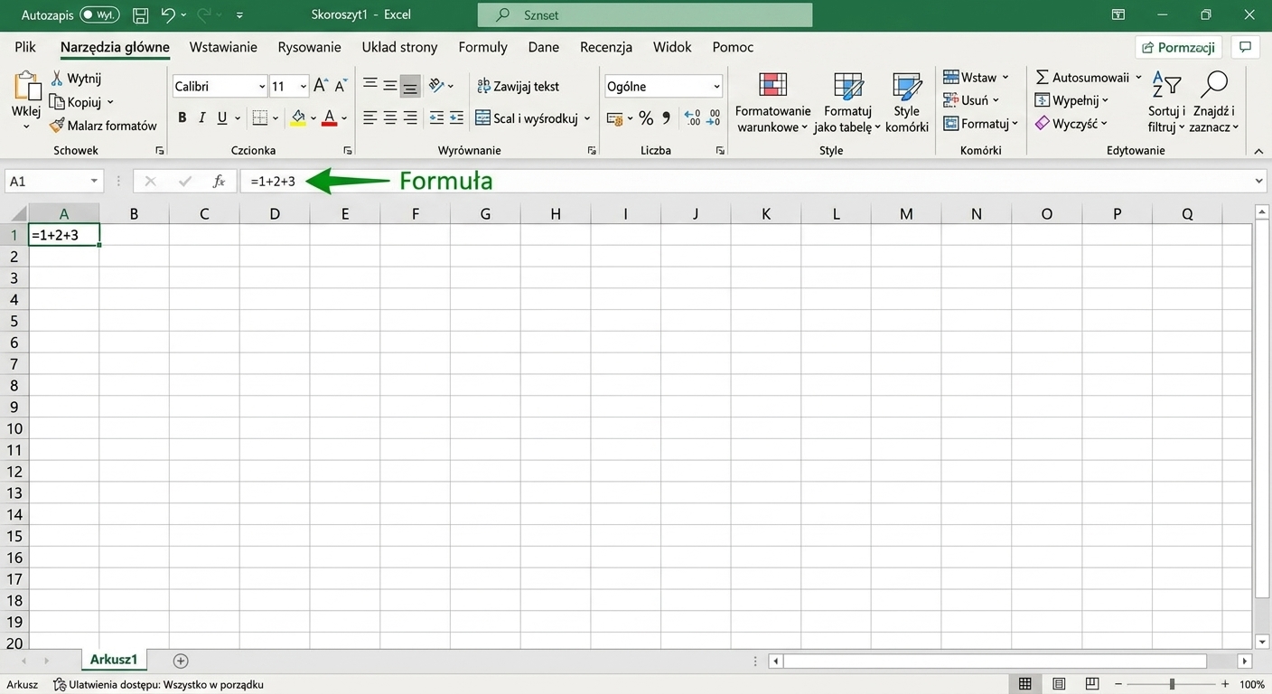 Plik Excel z zaznaczoną formułą