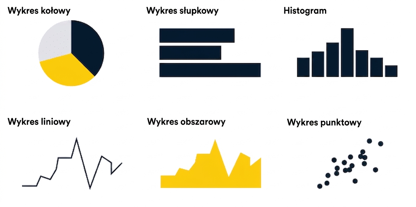 Wizualizacja wykresu kołowego, słupkowego, histogramu, liniowego, powierzchniowego i punktowego