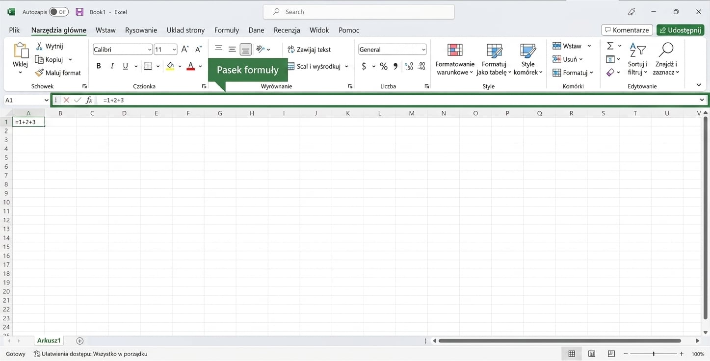 Plik Excel z zaznaczonym paskiem formuły