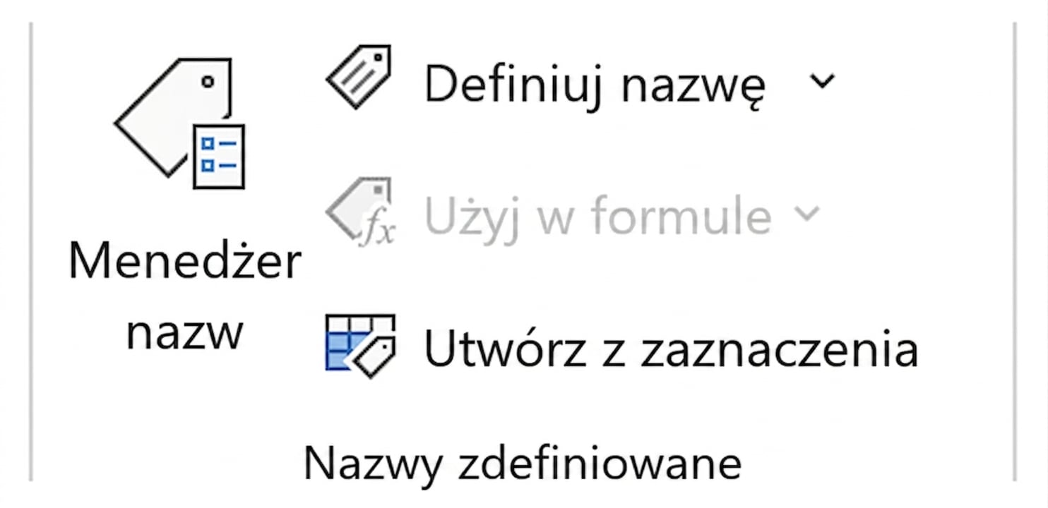 Obraz przedstawiający funkcje programu Excel dotyczące nazewnictwa zakresów komórek.