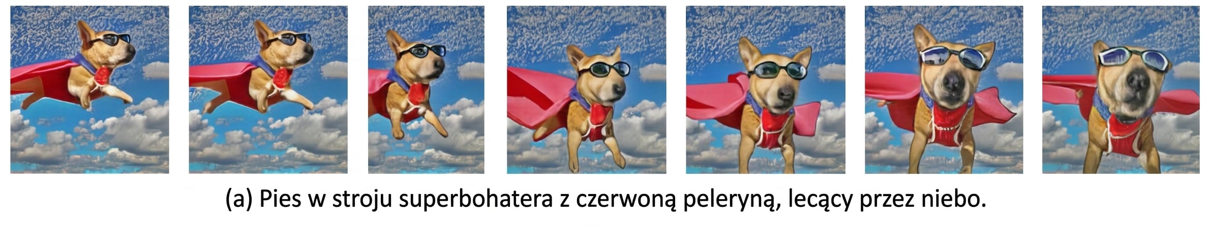 Klatki wideo wygenerowanego przez AI z latającym psem