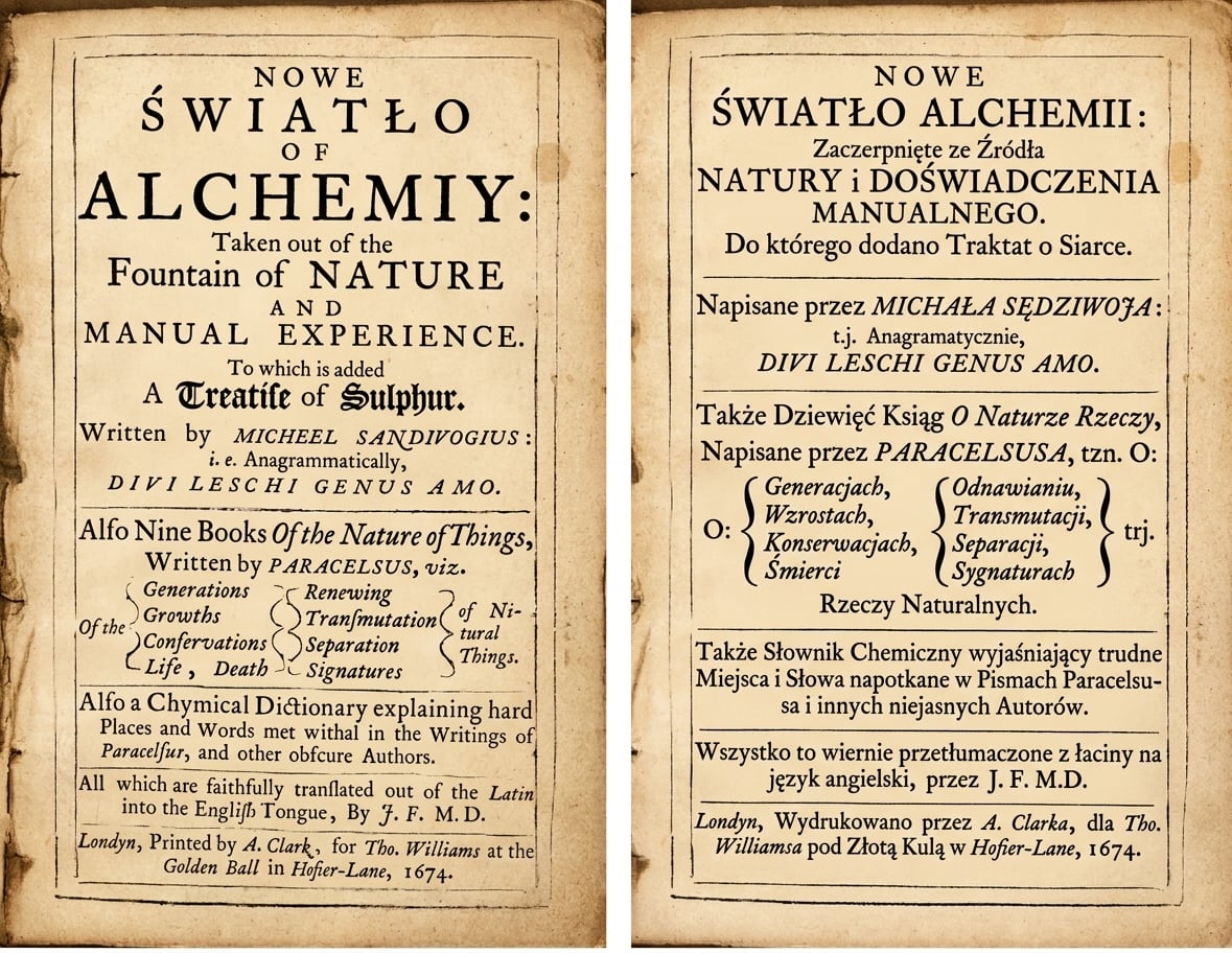 Zdjęcia manuskryptu alchemicznego i dżina wyłaniającego się z magicznej lampy
