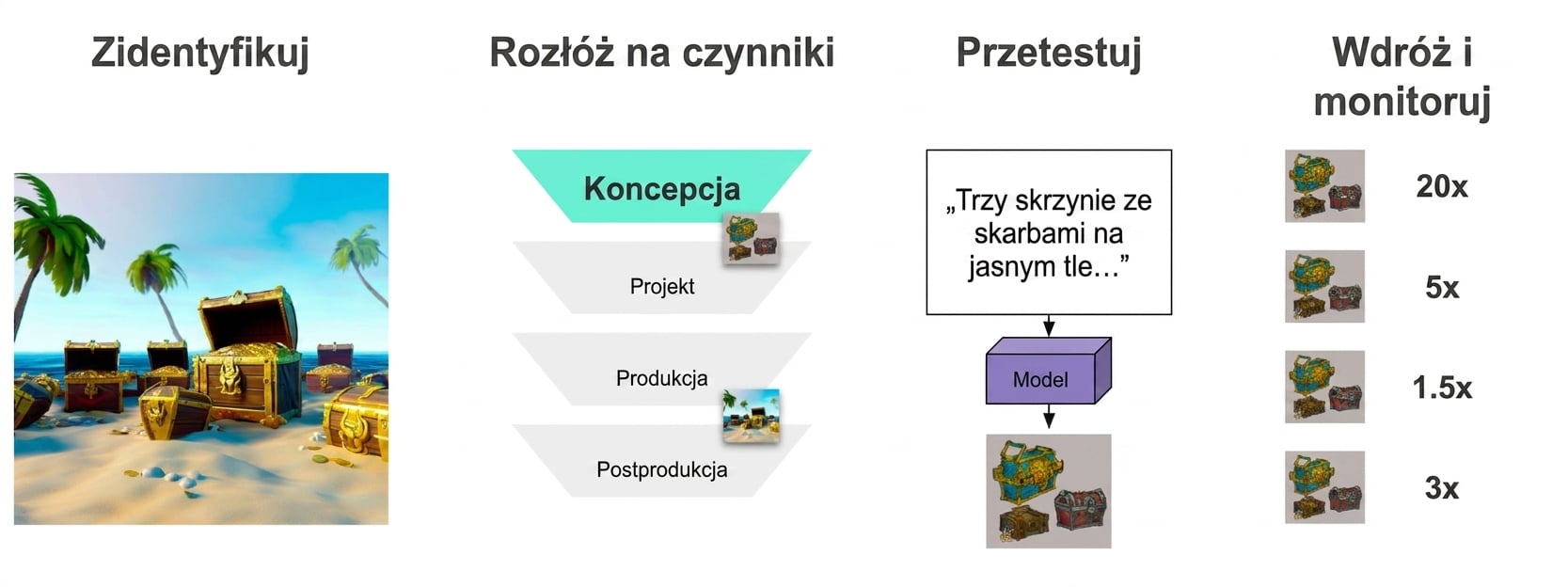 Kilka obrazów koncepcyjnych skrzyń skarbów, każdy z wynikiem poprawy wydajności od 1,5x do 20x.