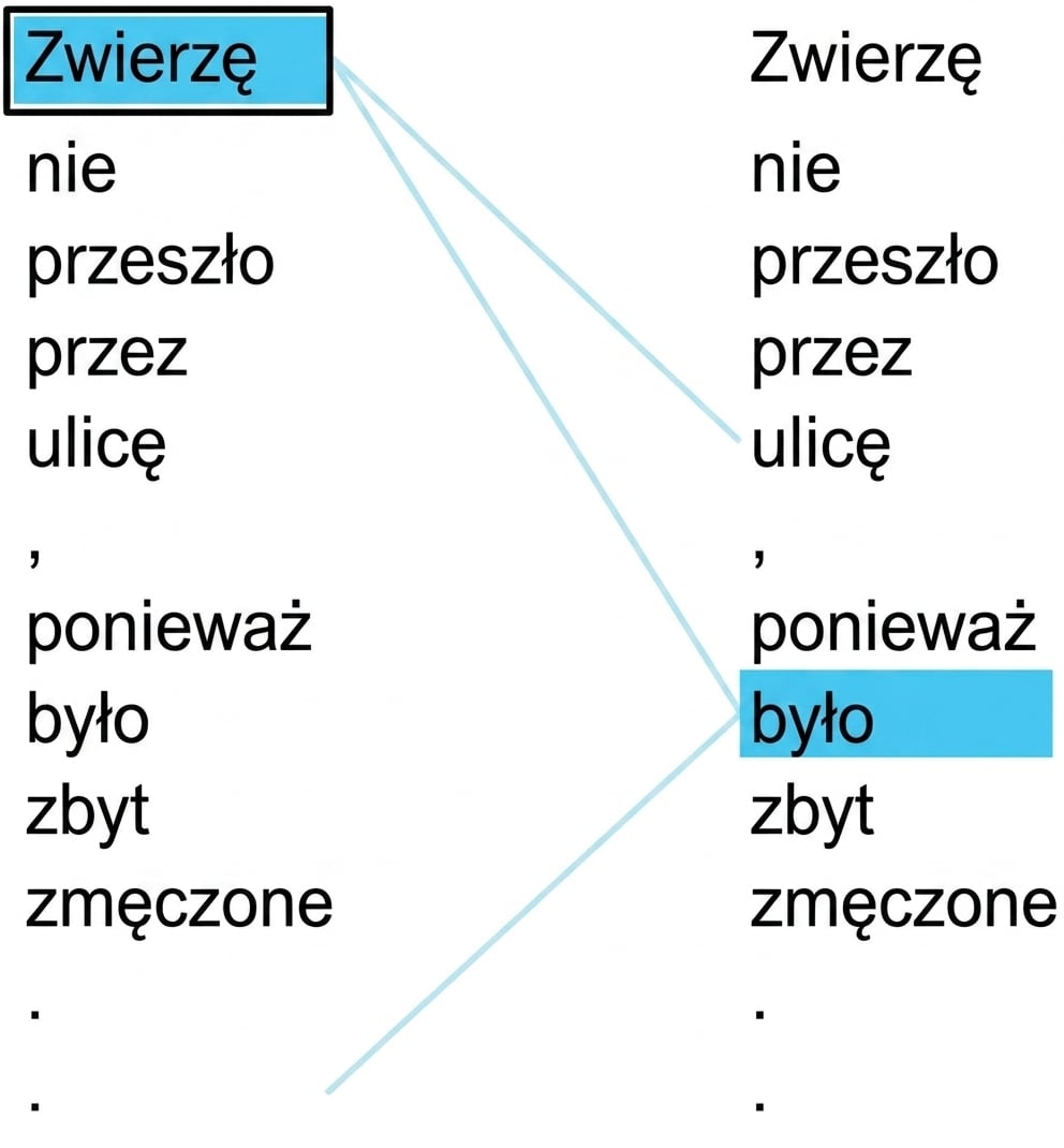 Zdanie „The animal didn't cross the street because it was too tired." Wyróżnione słowa: „it" i „animal".