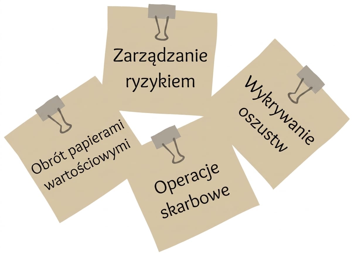 Karteczki ilustrujące typowe zastosowania AI w sektorze usług finansowych.
