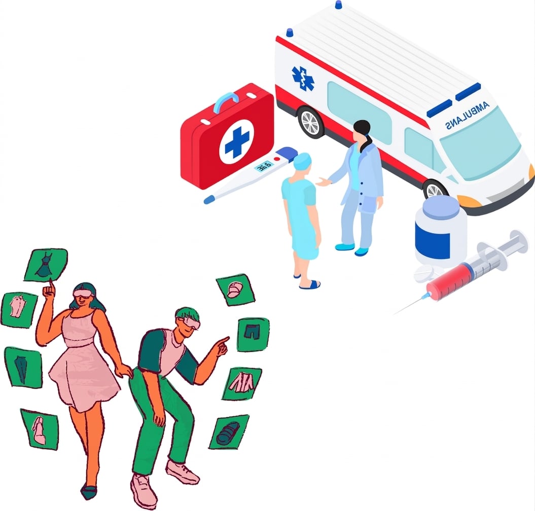 Ilustracja przedstawiająca branżę ochrony zdrowia i handel detaliczny.