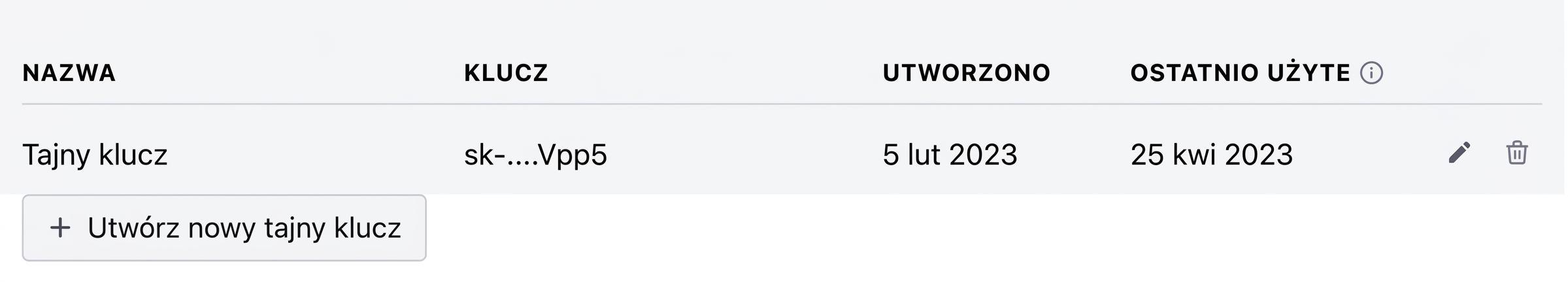 Przycisk tworzenia nowego klucza tajnego.