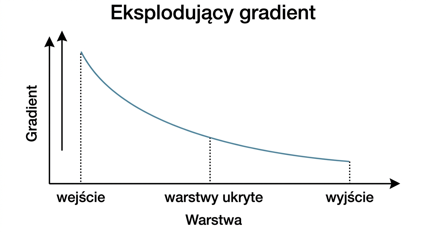 Wykresy przedstawiające rozmiar gradientu w zależności od indeksu warstwy: dla wcześniejszych warstw gradienty są większe