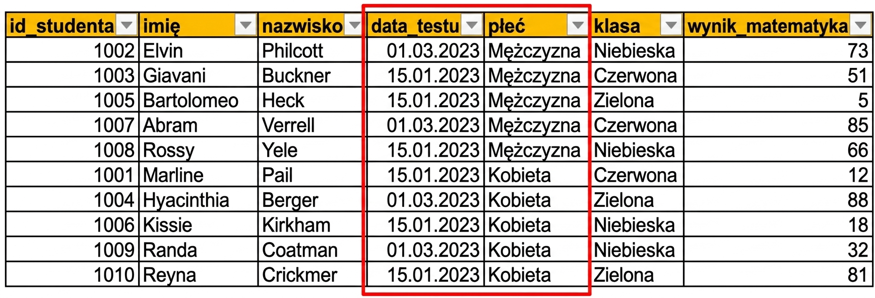 Przykładowa tabela danych testowych uczniów w Excelu z wyróżnioną kolumną daty test_date.