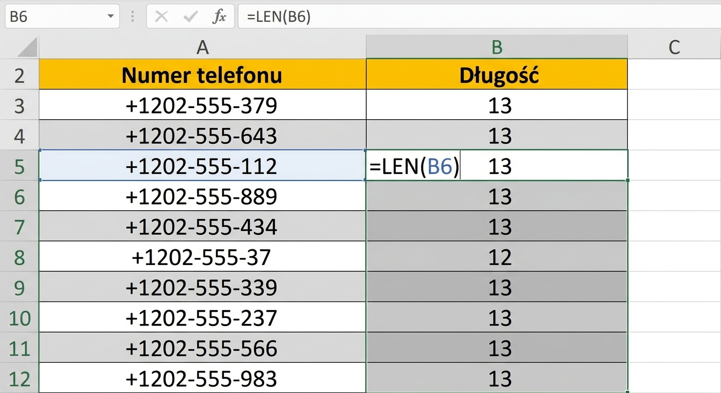 Tabela w Excelu z numerami telefonów i użyciem formuły LEN do sprawdzenia ich długości.