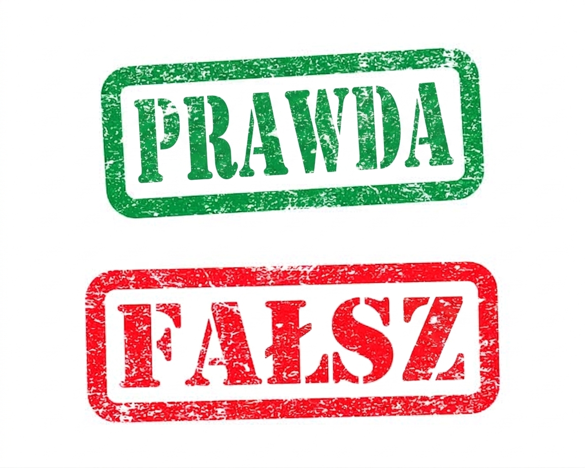 Słowo PRAWDA na zielono i FAŁSZ na czerwono.