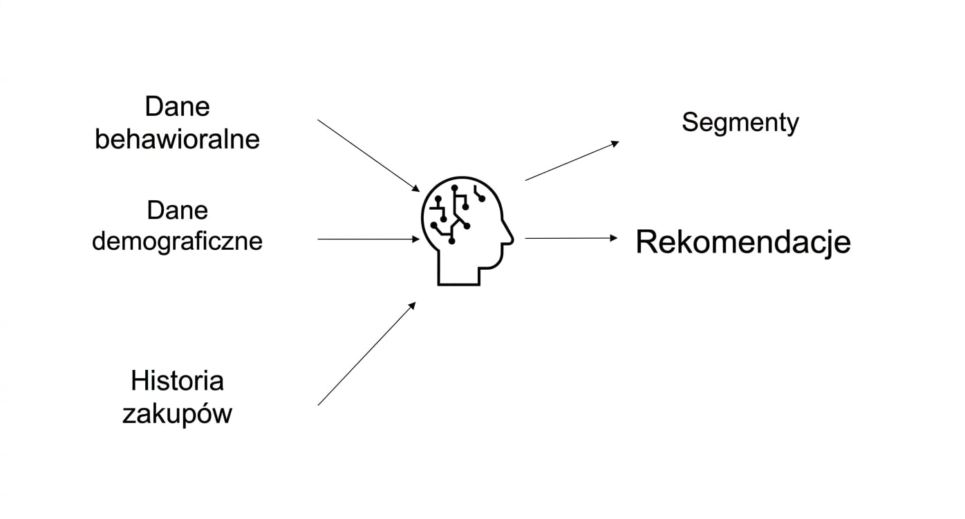 Dane behawioralne, demograficzne i historia zakupów przetwarzane przez AI — wynik: rekomendacje.
