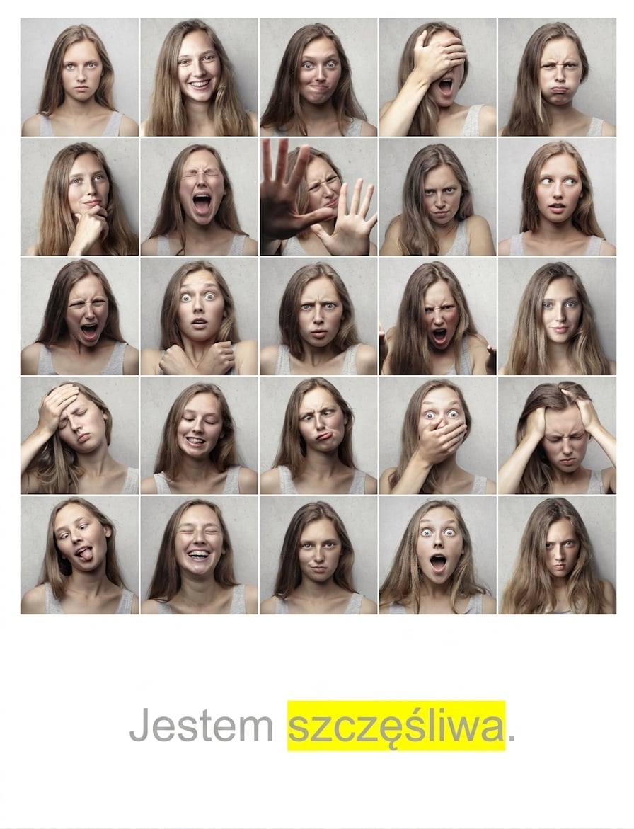 Zestaw emocji oraz zdanie „I am happy" z wyróżnionym słowem „happy".