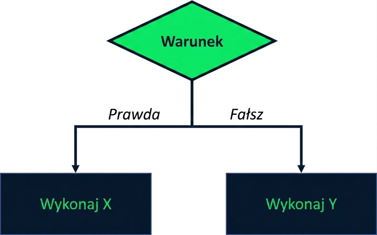 Diagram wizualny przedstawiający warunek testowy. Jeśli warunek jest spełniony, wykonywana jest operacja X; jeśli nie, wykonywana jest operacja Y.