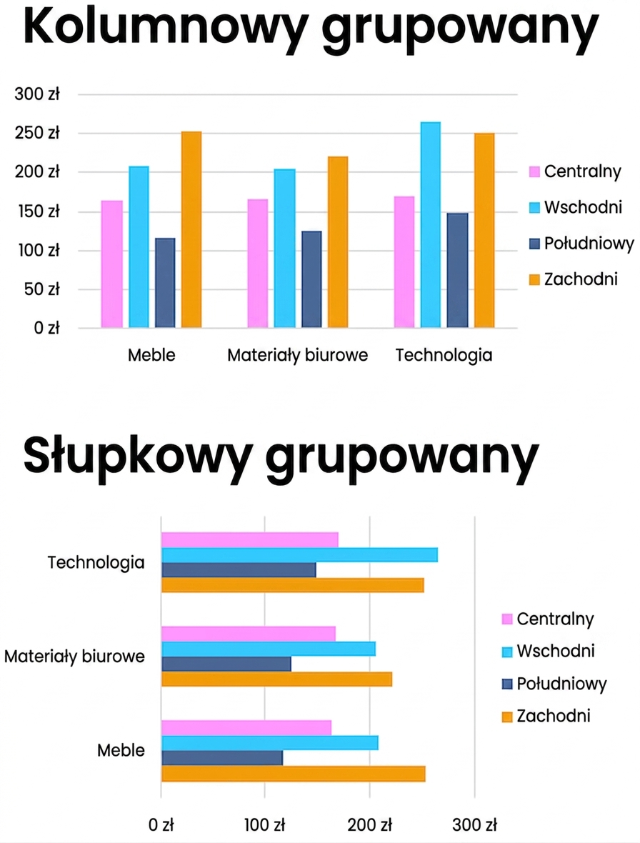Przykłady grupowanych wykresów słupkowych i kolumnowych