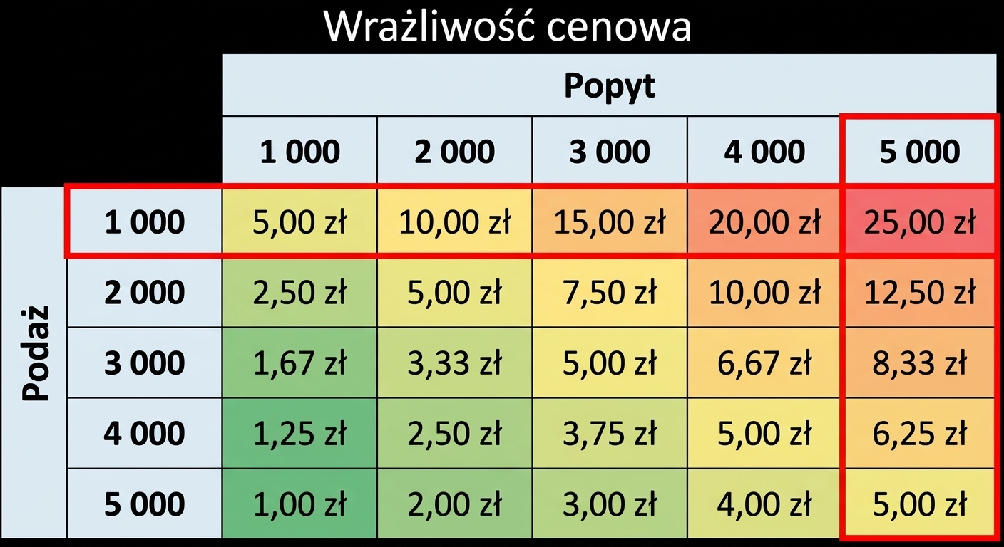 Tabela wrażliwości z wyróżnioną kolumną i wierszem