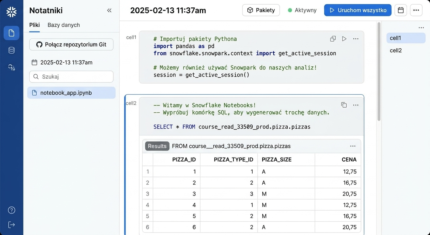 Notatnik Snowflake z komórkami kodu Python i SQL