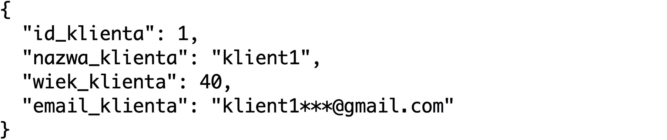 Przykładowe rekordy JSON klientów z identyfikatorem, imieniem, wiekiem i adresem e-mail